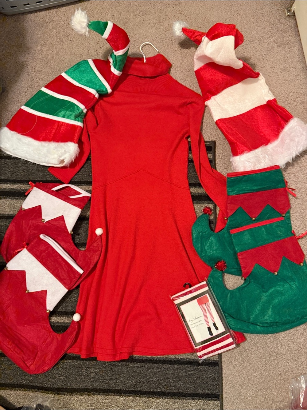 Sequin Hearts Red Christmas Elf Dress with Holiday Hat Accessories-Small